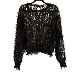 WoWo Black Lace Mesh 3D Ribbon Textured Top Smocked Hem Keyhole Back 1X